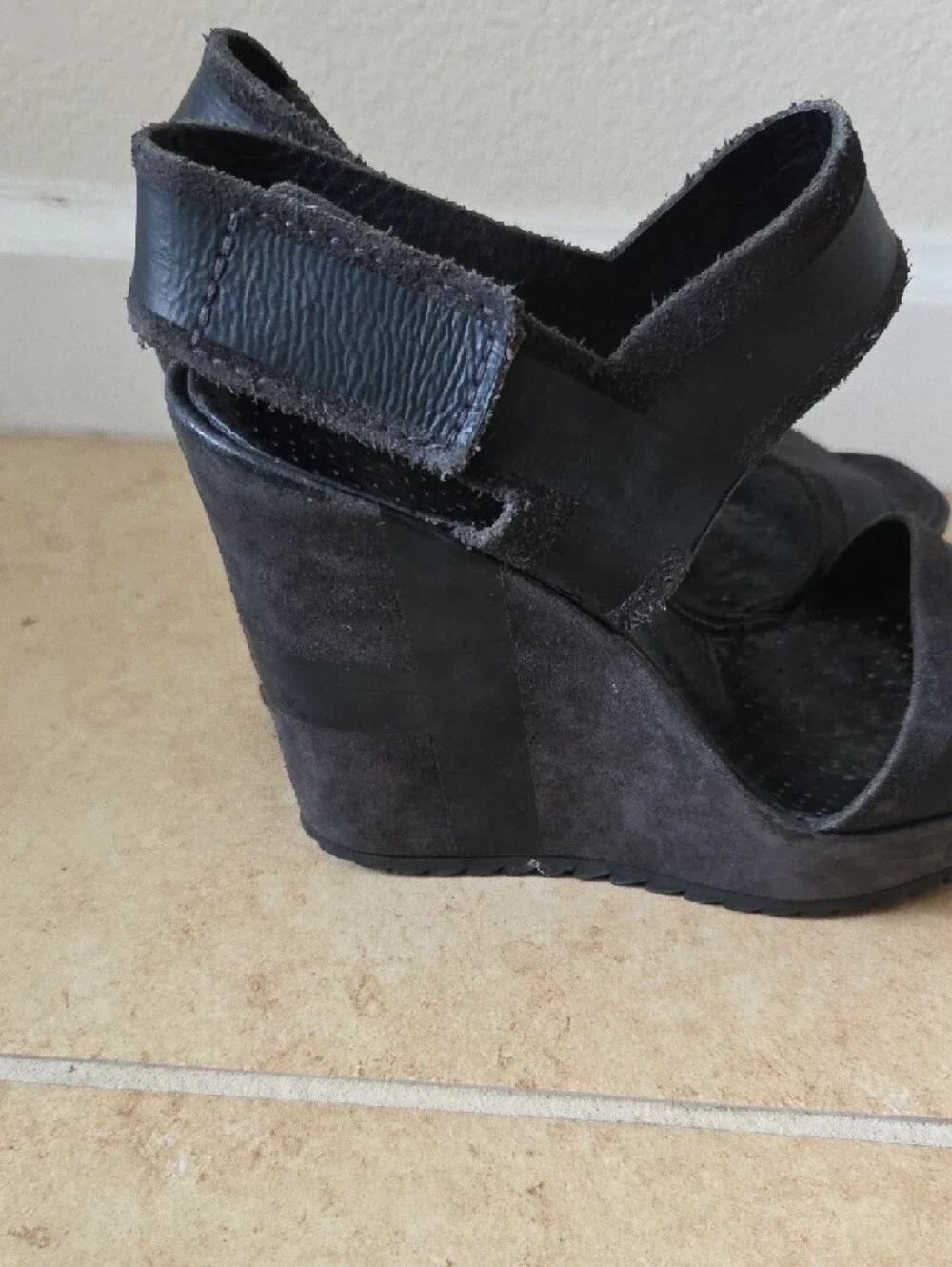 Pedro Garcia Black Leather & Suede Wedge Platform Sandals Velcro 4.5